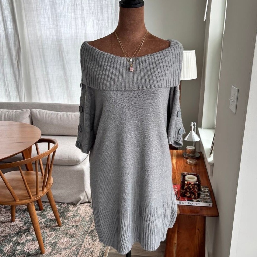 2000s Jillian Nicole Gray Knit Summer Tunic Button Sleeve Off the Shoulder PXL